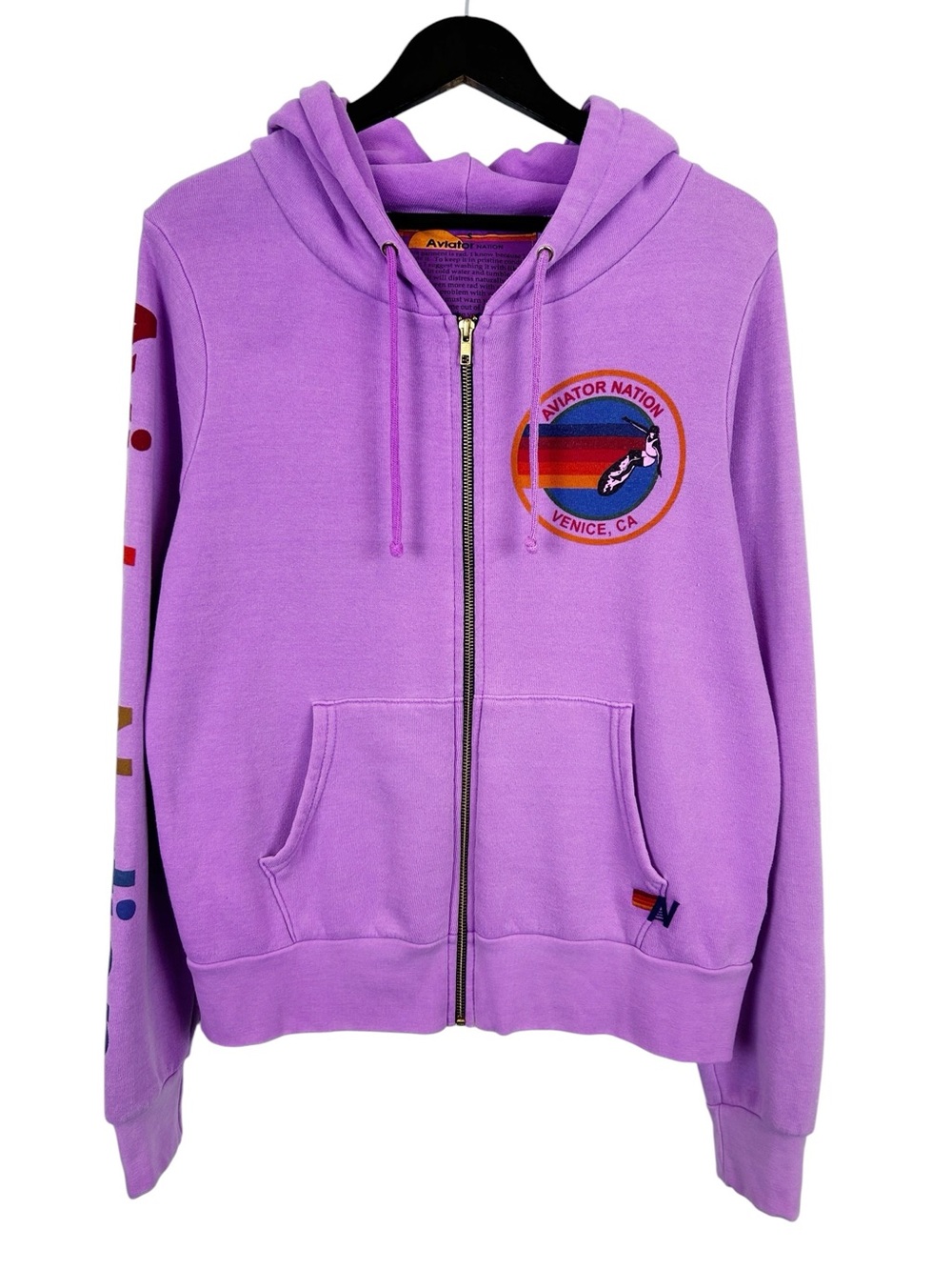 Aviator Nation Lavender Zip Up Hoodie with Rainbow Sleeve Size Small Women's